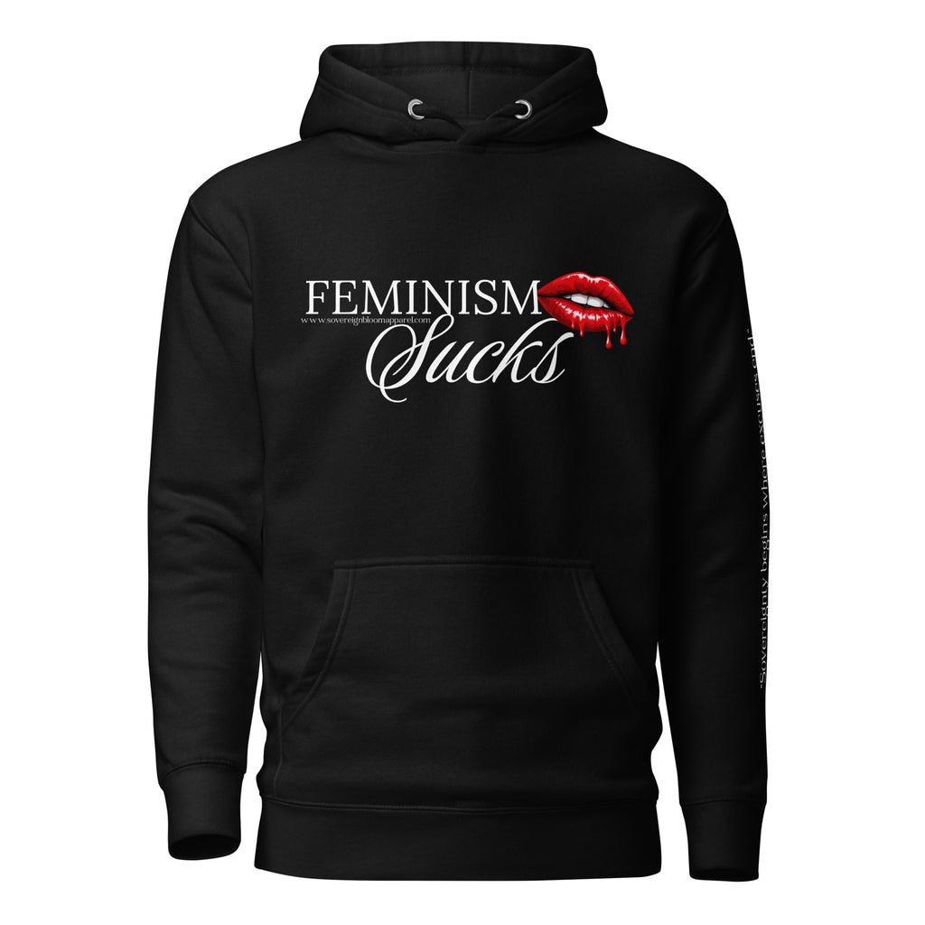 Black hoodie with 'Feminism Sucks' text and red lips graphic on a white background