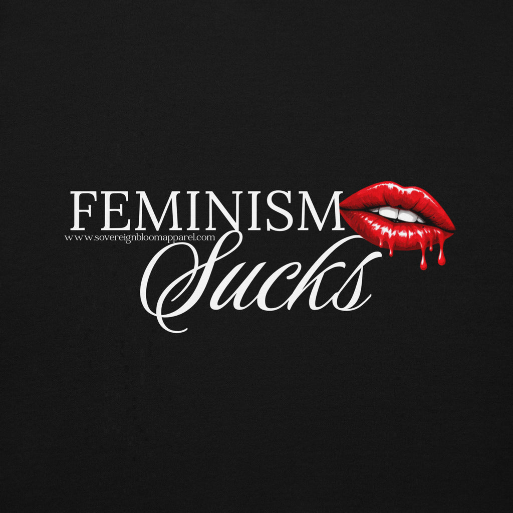 Text 'Feminism Sucks' with a red lip graphic on a dark grey background